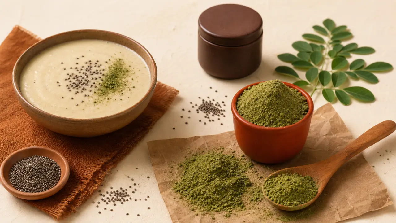 Poudre de moringa bio en cuillère, usage 1 à 3 cuillères par jour