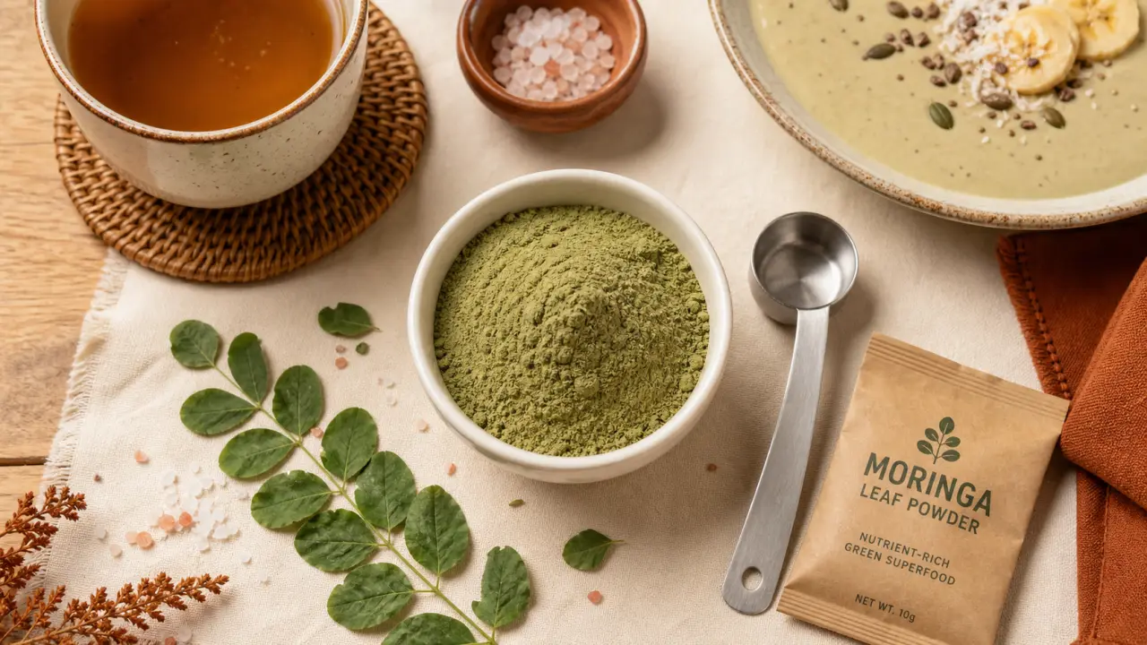 Poudre de moringa bio dans un bol avec une cuillère doseuse