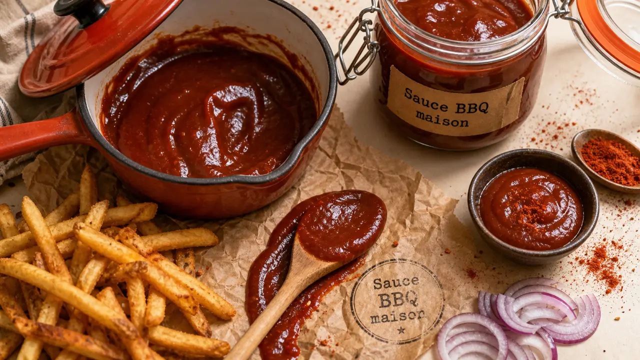 Sauce barbecue recette maison au paprika fumé, nappe sur frites