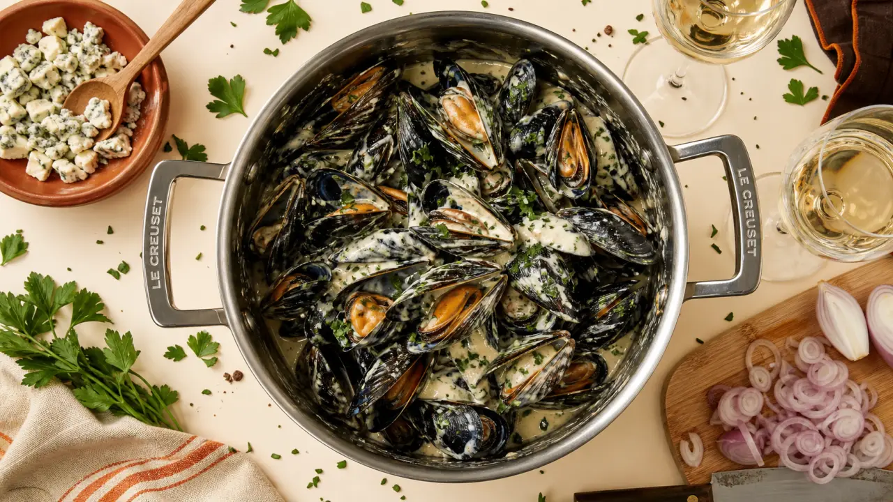 Moules sauce roquefort, crème lisse au roquefort