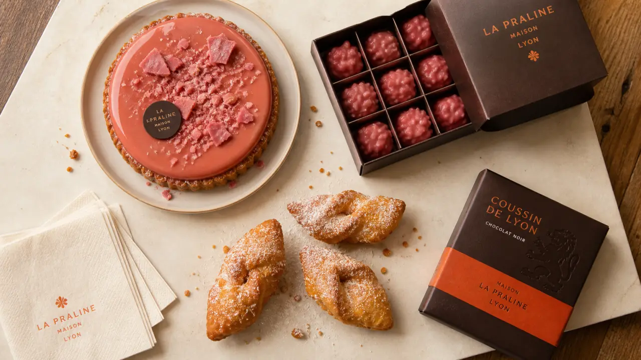Praline rose, bugnes et coussin : spécialité lyonnaise sucré