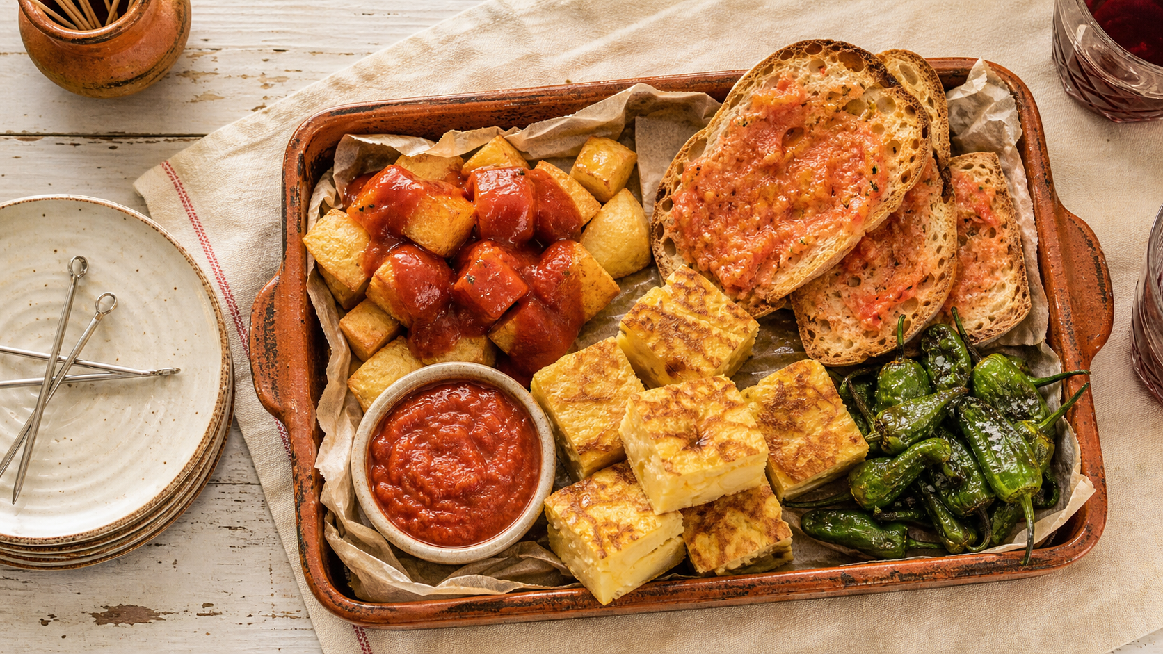 Tapas espagnols maison : tortilla et patatas bravas sur table conviviale