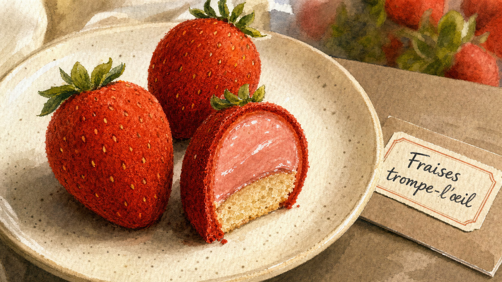 Trompe l oeil fraise sur assiette : coque velours et insert fruité