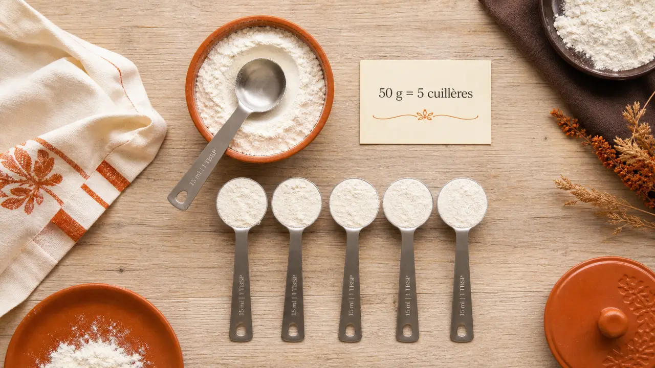 50 g de farine en cuillère à soupe : 5 cuillères rases, farine nivelée