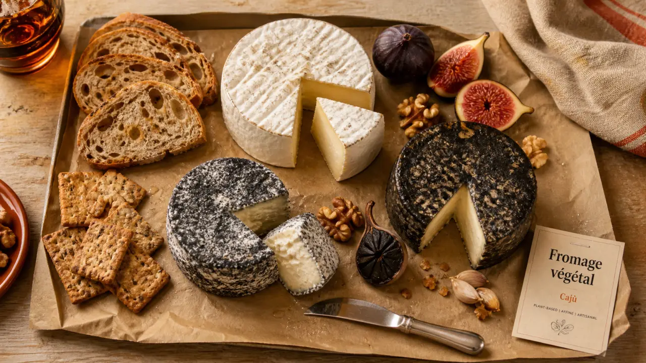 Cajù en apéritif végétal : camembert, ail noir, cendré, textures crémeuses