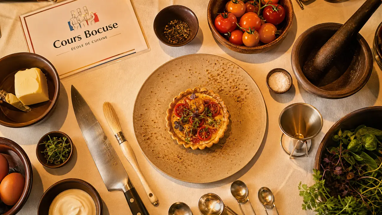 Cours de cuisine bocuse : table atelier, couteau, ingrédients frais et fiche cours