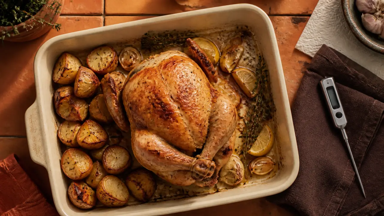 Photo cuisson poulet basse température à 90°C, peau croustillante et thermomètre