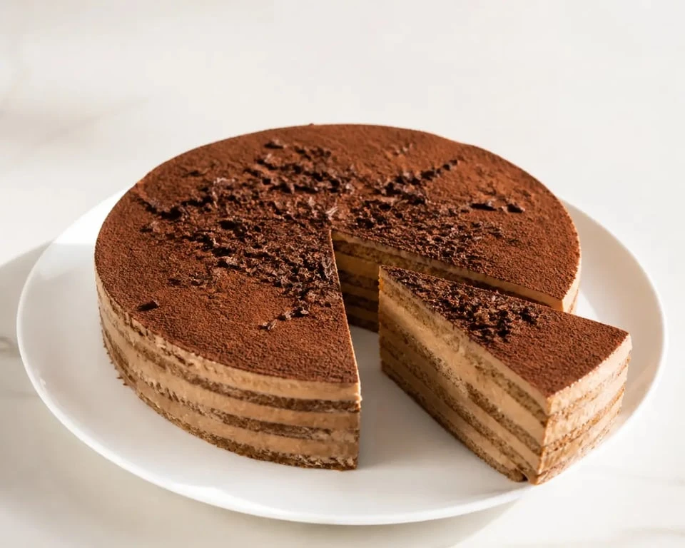 Recette thé brun gateau présenté en parts sur un plat blanc, avec couches visibles de biscuits et crème