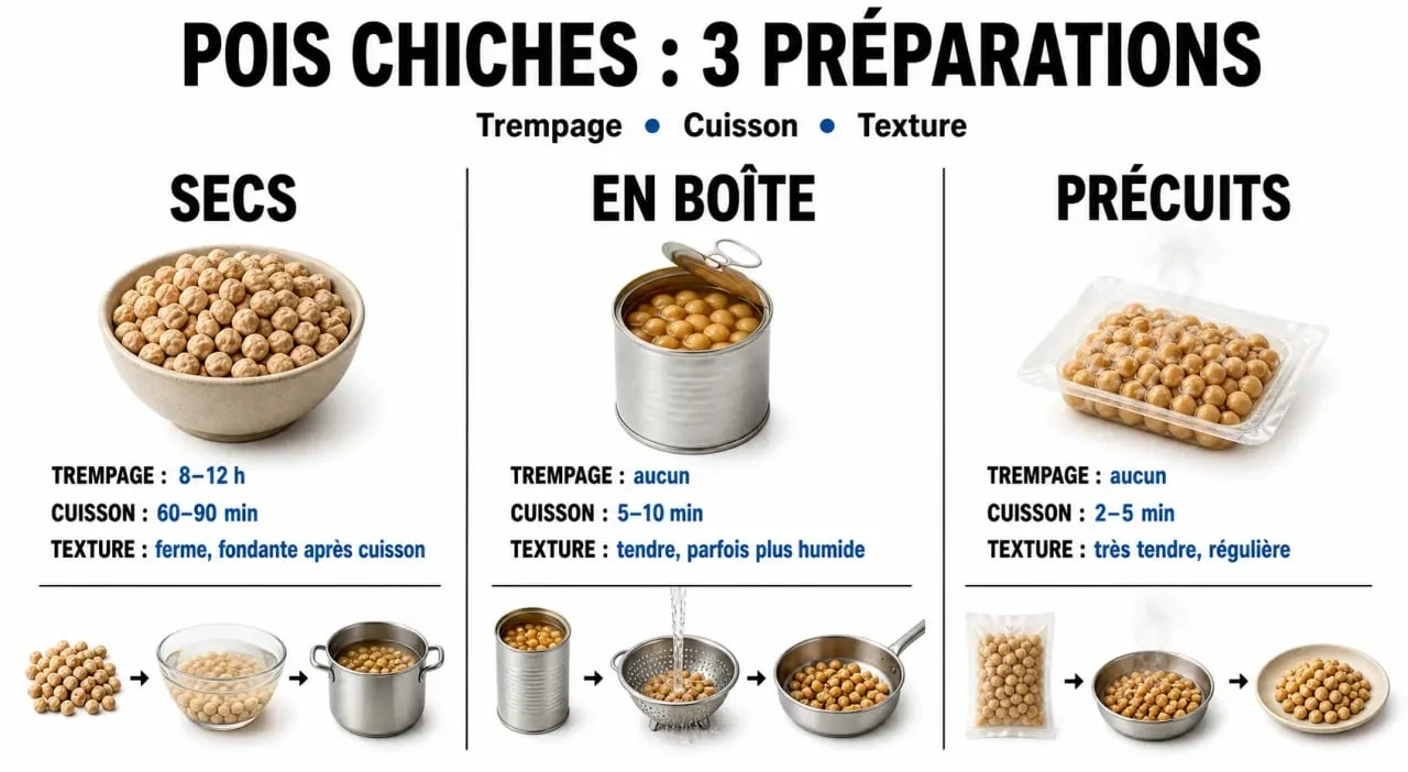 Préparation pois chiche : comparaison des méthodes secs, en boîte et précuits
