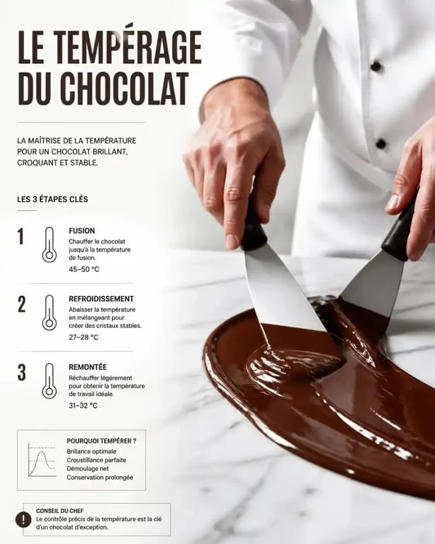Technique de tempérage du chocolat, geste clé enseigné dans les cours de pâtisserie Pierre Hermé