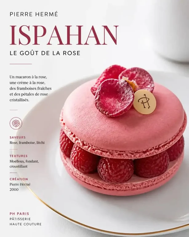 Gâteau Ispahan, création signature de Pierre Hermé, illustrant le résultat d'un cours de pâtisserie de haut niveau
