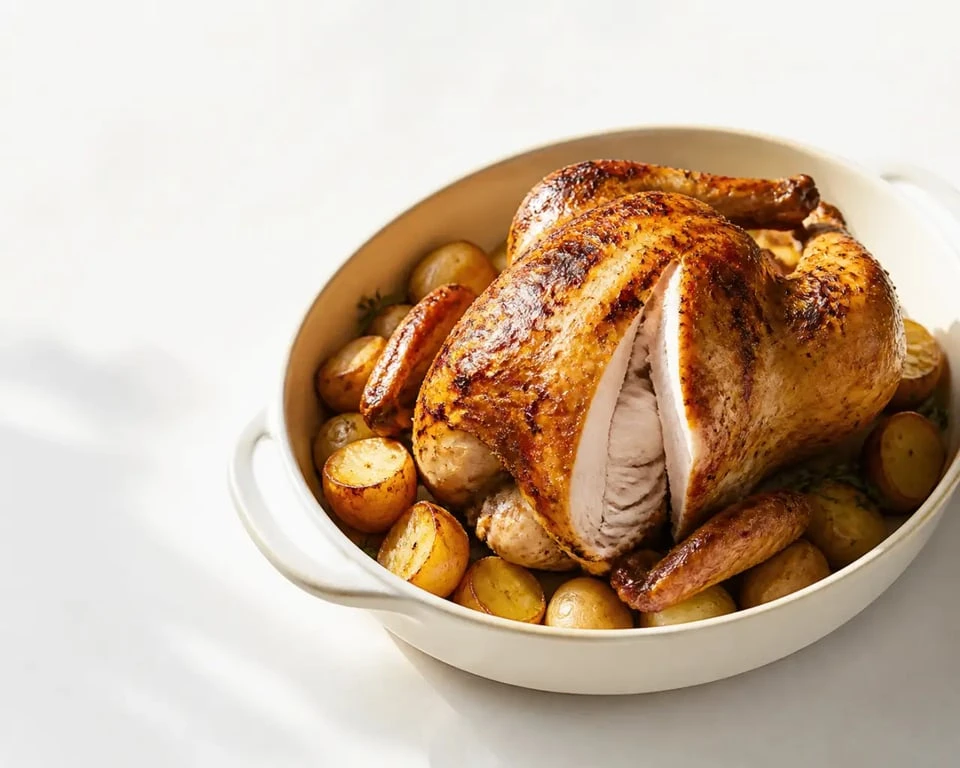 Cuisson poulet basse température : poulet rôti doré et moelleux servi avec pommes de terre dans un plat familial