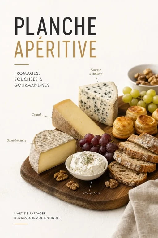 Fromage apéritif sur une planche conviviale avec mini-feuilletés, fruits et pain