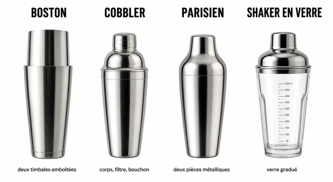 Shaker cocktail professionnel : Boston, Cobbler, Parisien et verre comparés visuellement