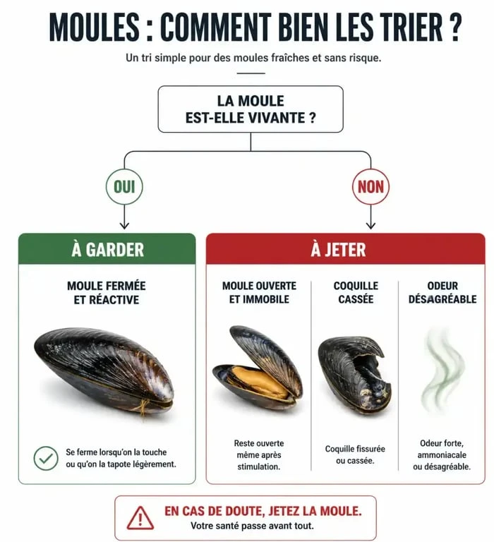 Infographie de tri des moules ouvertes avant cuisson pour vérifier leur fraîcheur