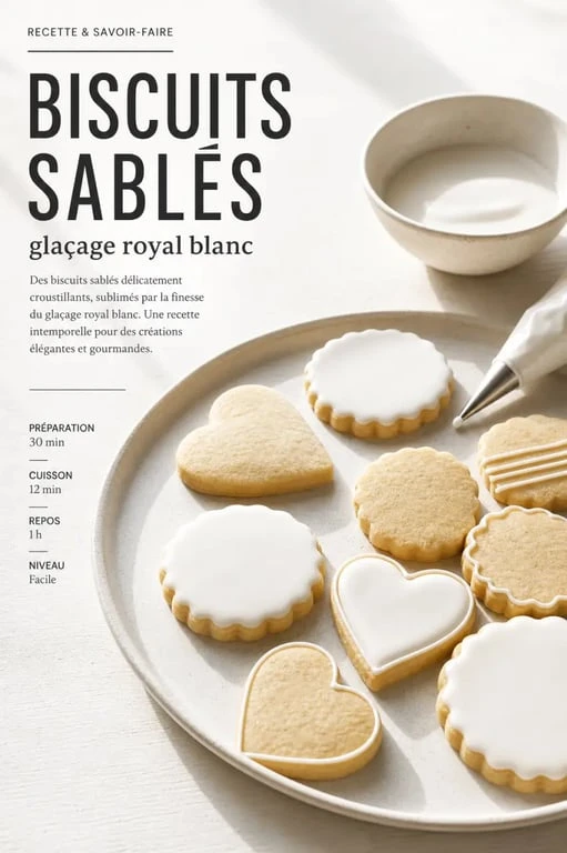 Recette glacage royale sur biscuits décorés avec glaçage blanc, poche à douille et bol de préparation