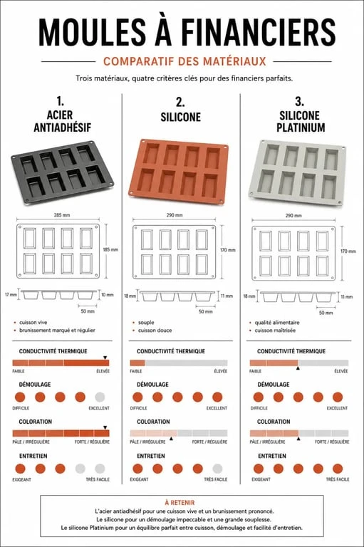 Moule à financiers : comparaison visuelle de l'acier antiadhésif, du silicone et du silicone Platinium