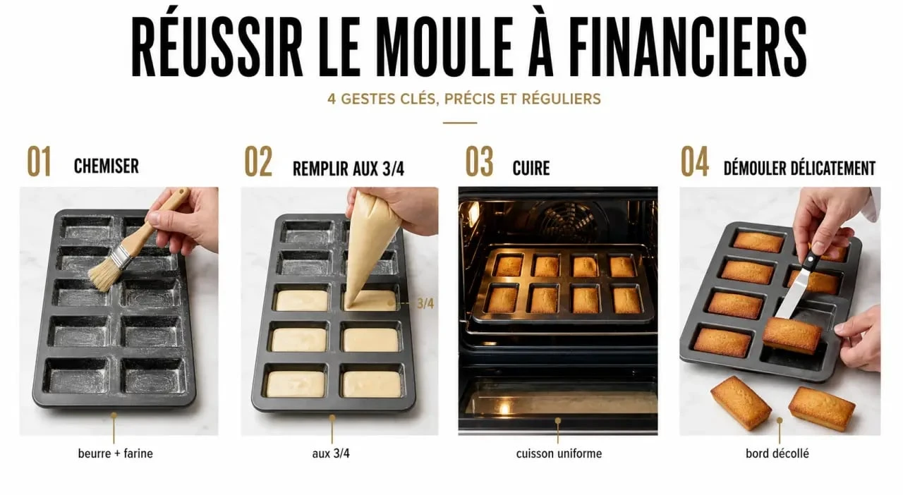 Moule à financiers : chemisage, remplissage aux 3/4 et démoulage sans casse