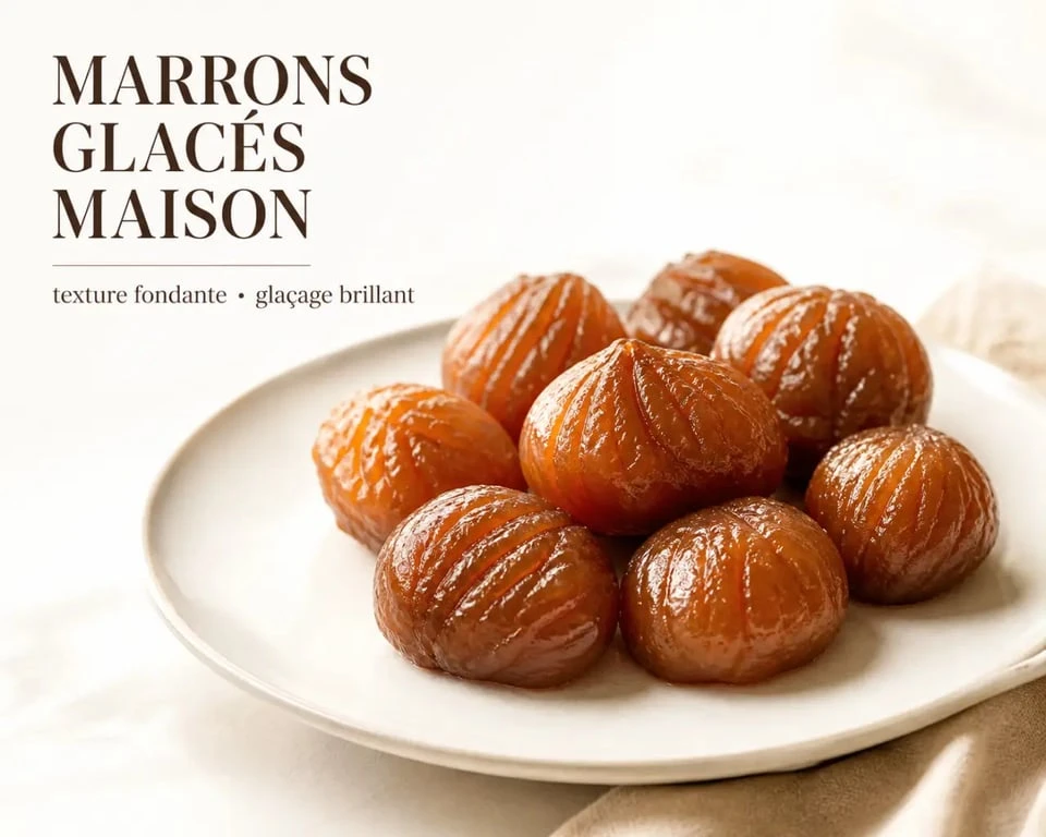 Recette des marrons glacés maison servie sur une assiette blanche avec finition brillante