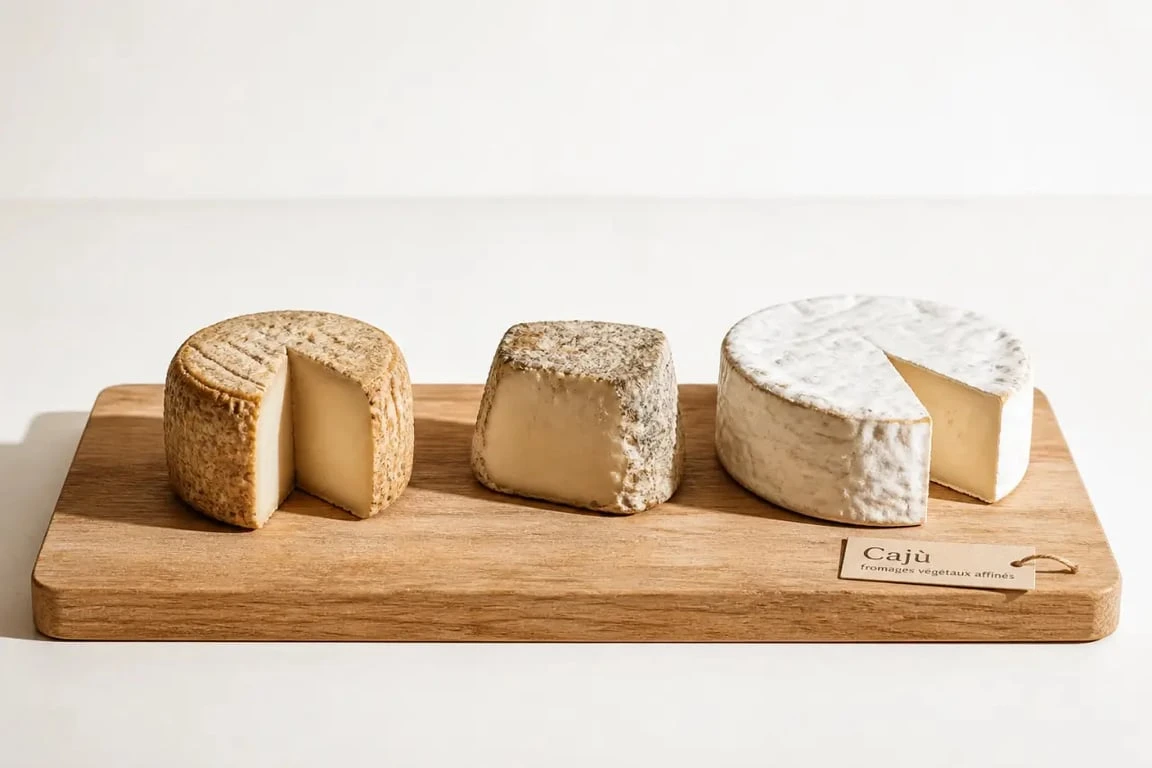 Les fromages végétaux caju affinés de la marque Cajù sur un plateau de dégustation