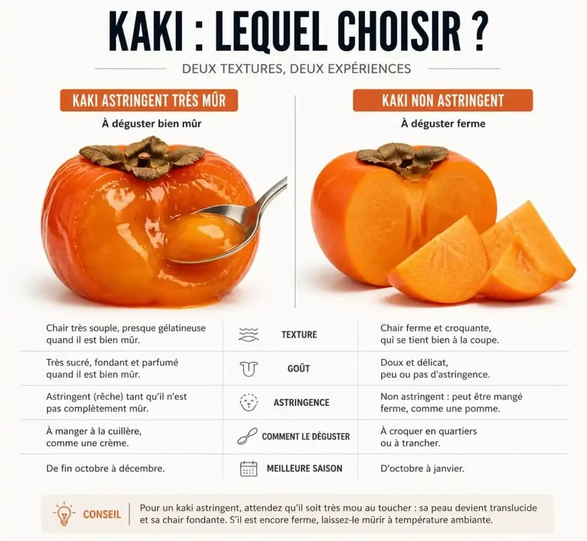 Comparaison visuelle entre un kaki astringent et un kaki non astringent pour savoir comment se mange le kaki