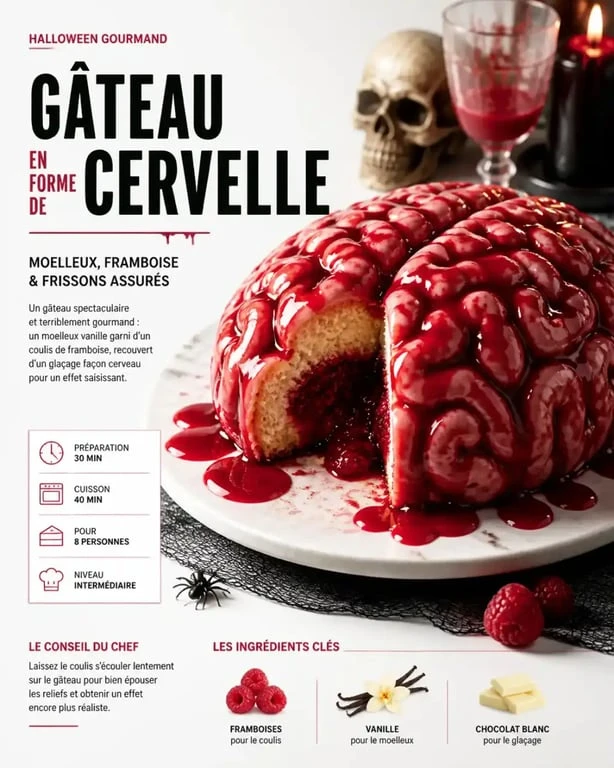 Gâteau en forme de cervelle au chocolat avec coulis de framboise réalisé avec un moule Halloween Gifi