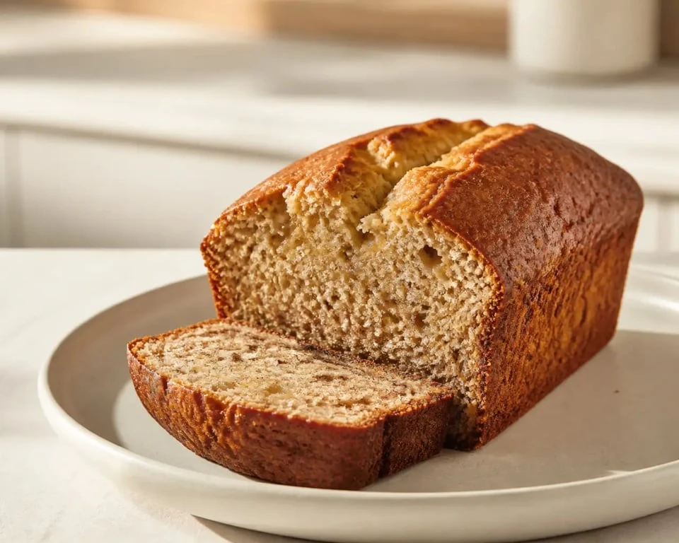 Banana bread air fryer moelleux servi en tranche sur une assiette, avec une mie fondante et dorée