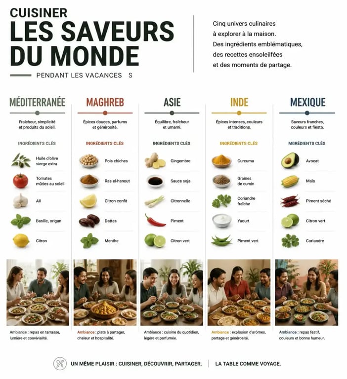 Cuisiner les saveurs du monde pour vos prochaines vacances : panorama visuel des cuisines méditerranéenne, maghrébine, asiatique, indienne et mexicaine