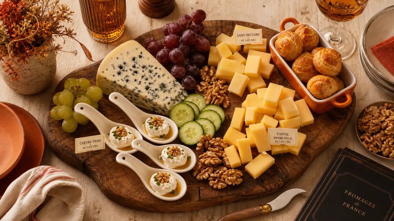 Fromage apéritif : planche de fromages sur table bois clair