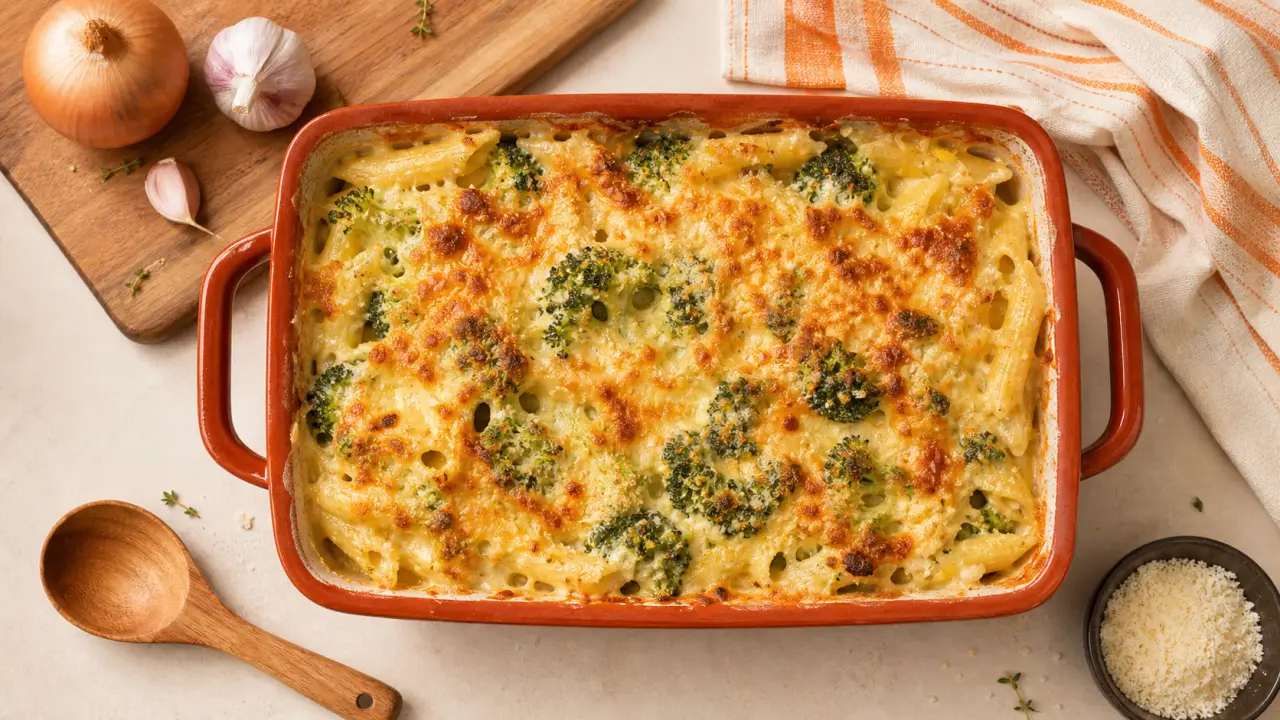 Gratin pate brocolis bien doré, sauce crémeuse et brocoli visible