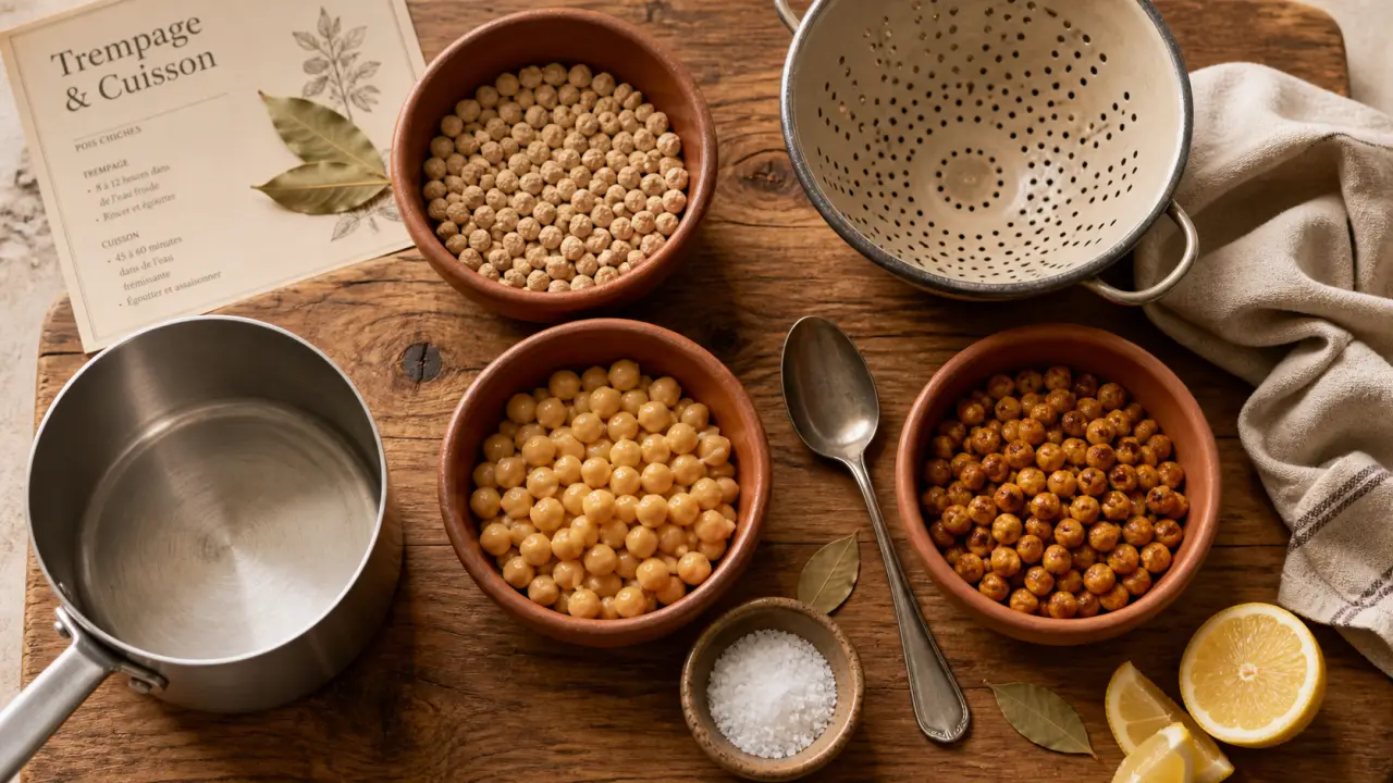 Préparation pois chiche : pois chiches secs trempés et cuits