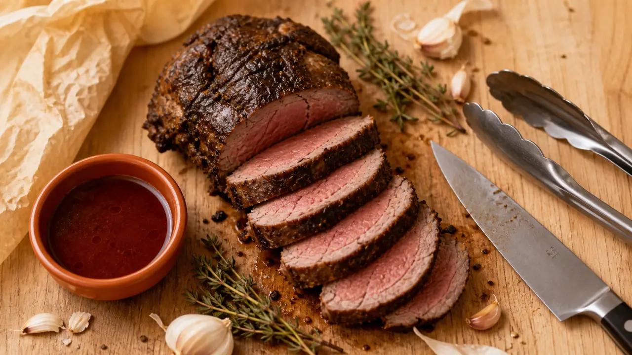 Rosbeef cuisson : rôti 15 min par 500 g, tranché avec jus