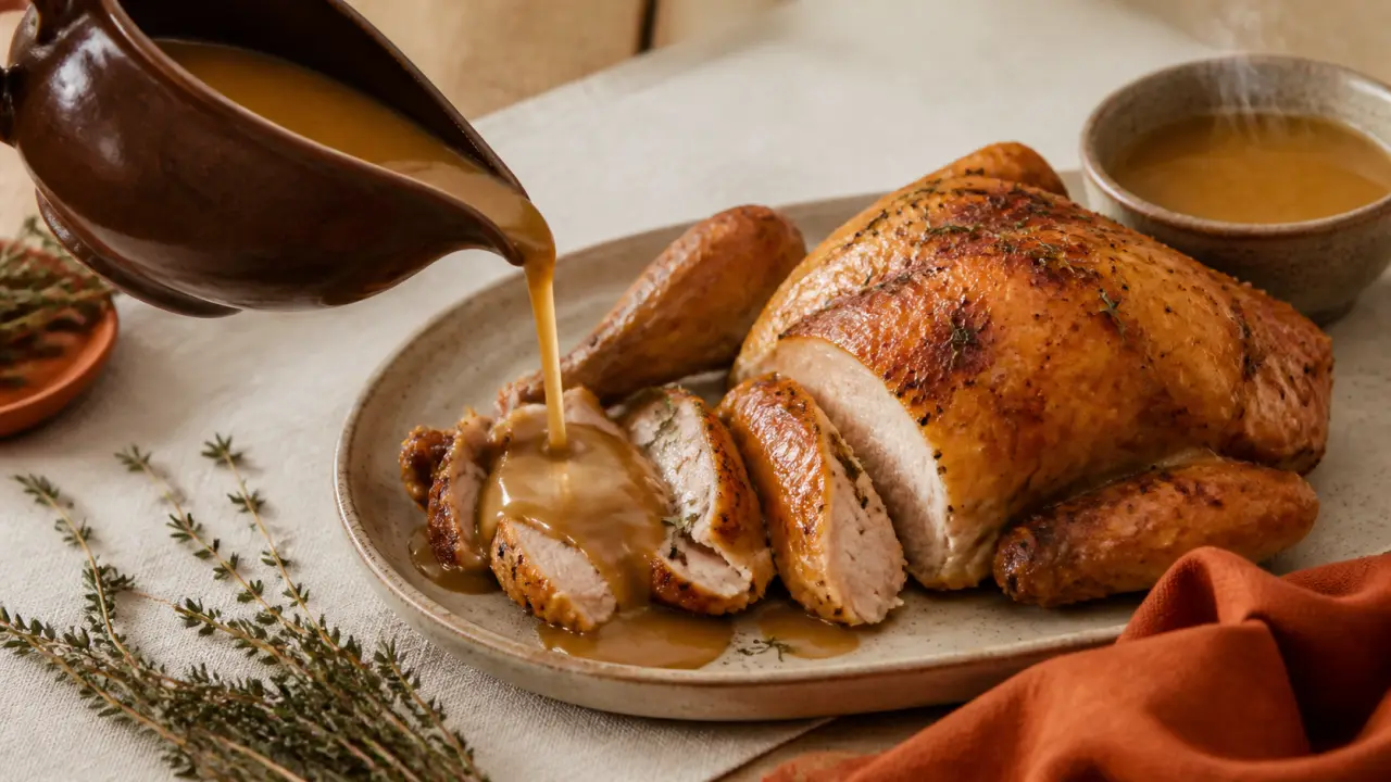 Sauce accompagnement pour poulet : saucière maison nappant le poulet rôti