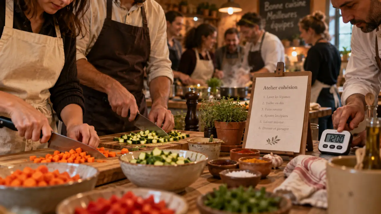 Atelier cuisine entreprise en équipe, hachage des légumes et chef