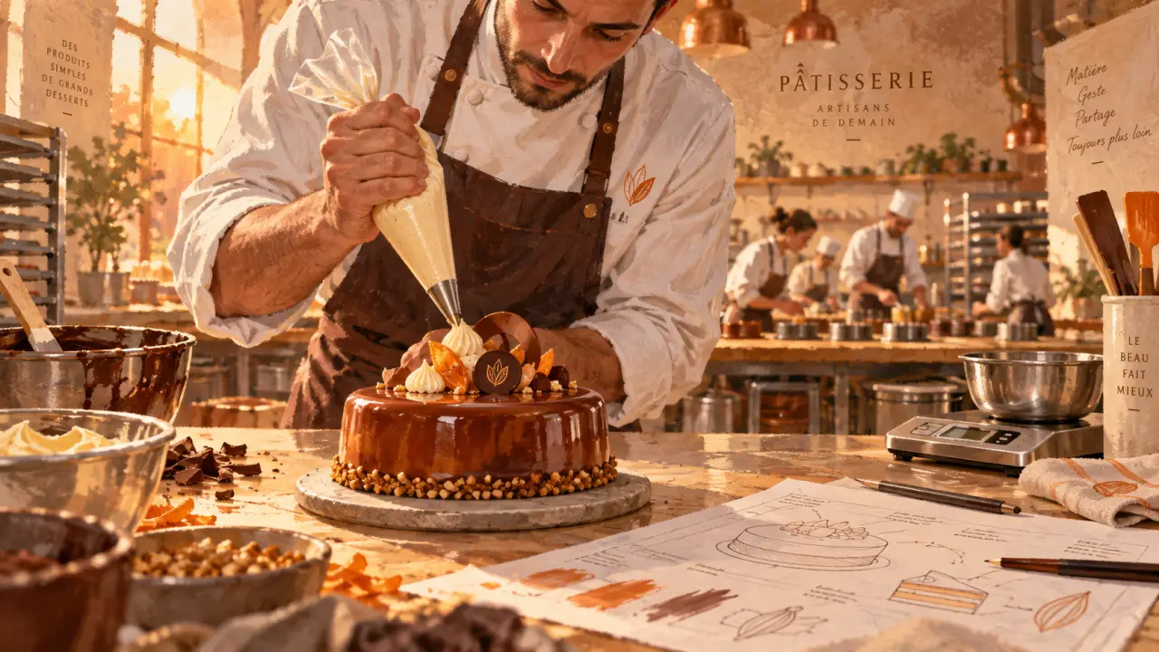 Chef pâtissier en laboratoire : entremets et poche à douille