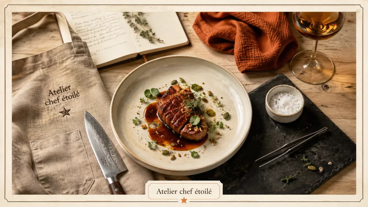 Cours de cuisine avec un chef étoilé, matériel et plat gastronomique