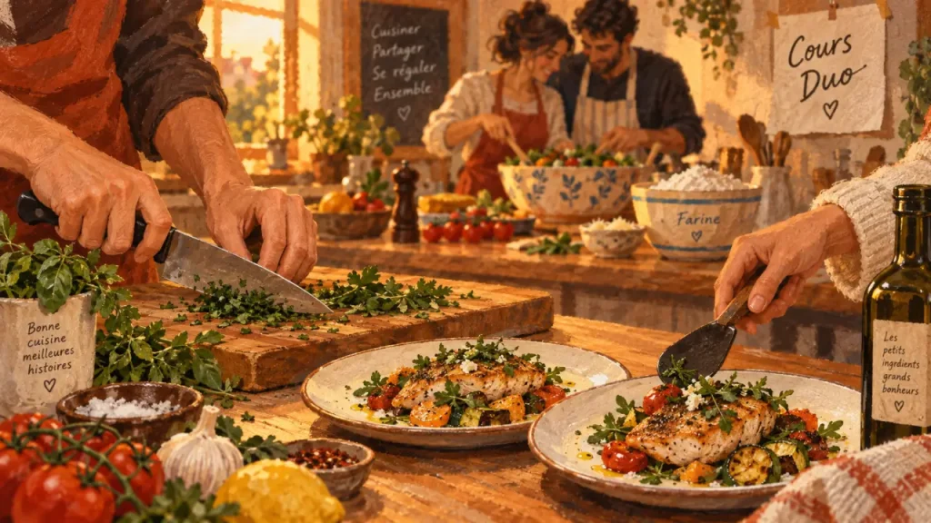 Cours de cuisine en couple : quel format choisir entre atelier collectif, cours privé et chef à domicile ?