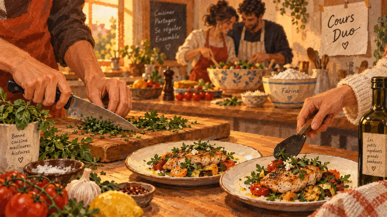 Cours de cuisine en couple : deux personnes cuisinent en duo