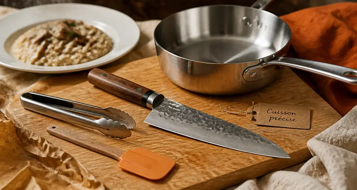Cuisine ustensiles professionnels : couteau, sauteuse et pinces inox