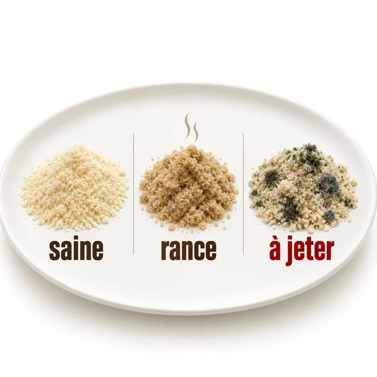 Poudre d’amande périmée : différences visuelles entre poudre saine, rance et moisie