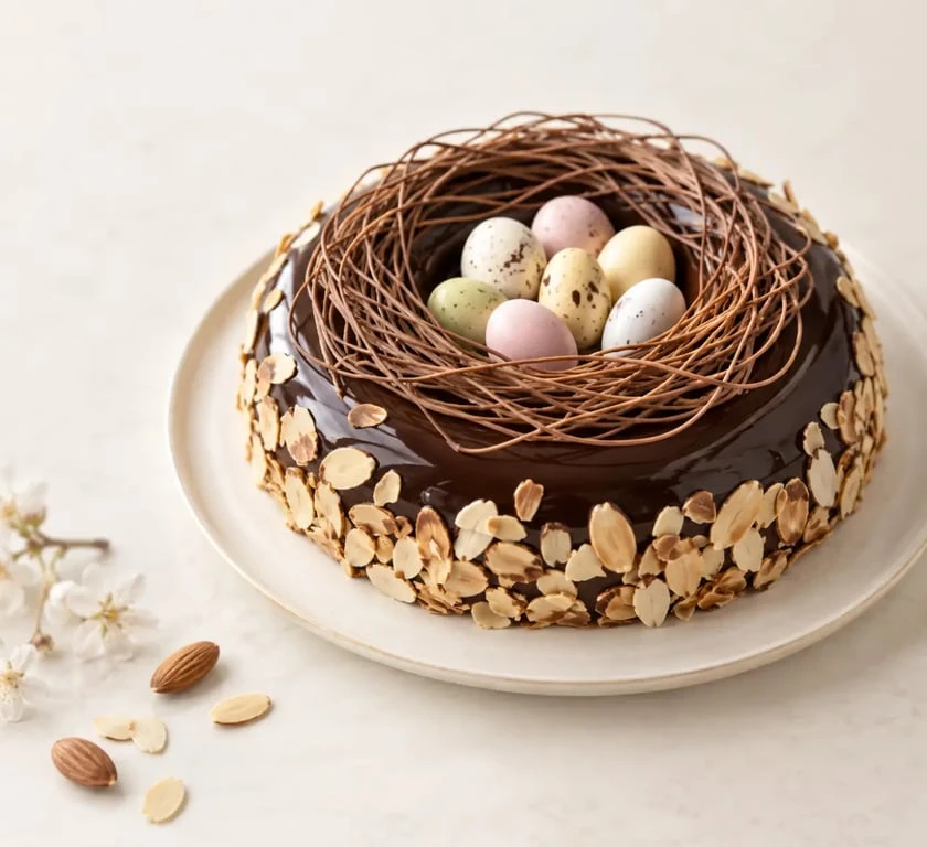 Recette gâteau de Pâques chef pâtissier : nid au chocolat, amandes et petits œufs