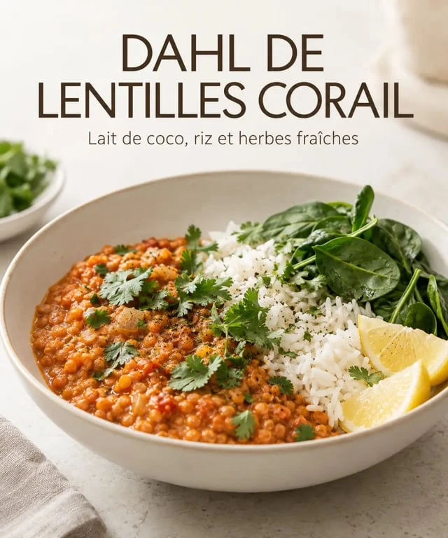 Recette de plats mijotés : dahl de lentilles corail au lait de coco servi avec du riz