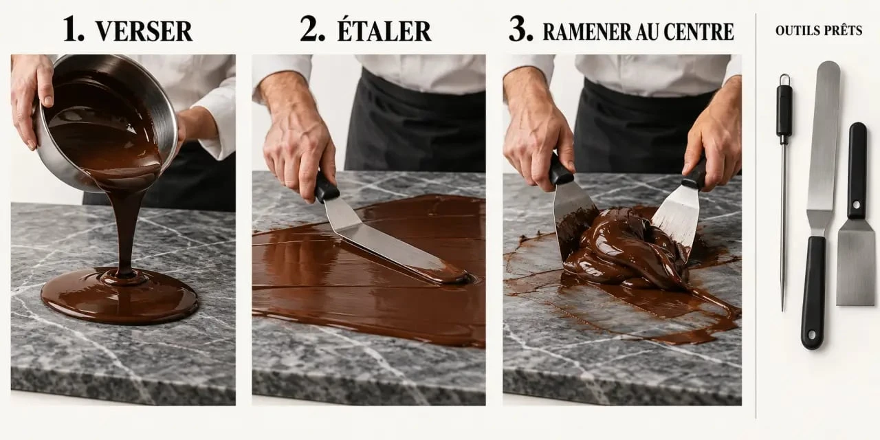 Tablage du chocolat sur un marbre pour patisserie avec une spatule