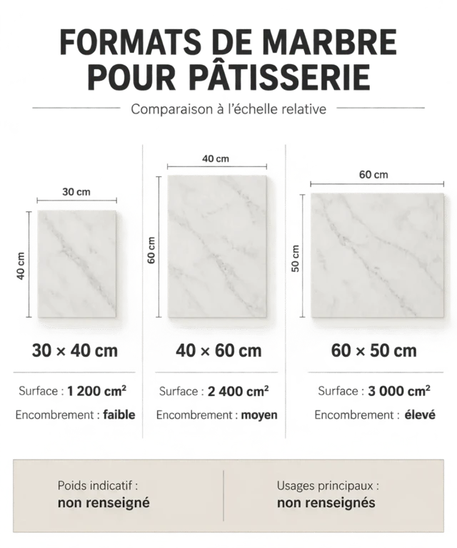 Formats de marbre pour patisserie comparés selon les dimensions et les usages