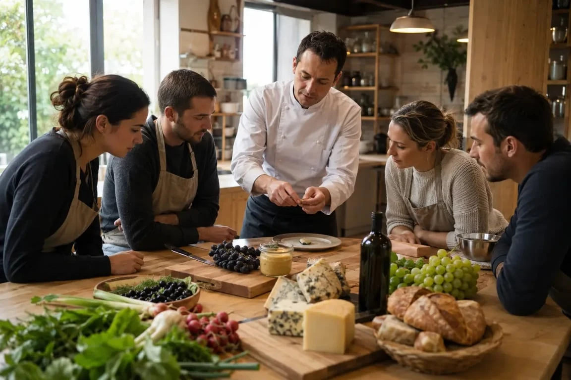 Cours de cuisine dijon dans un atelier convivial avec chef et participants autour du plan de travail