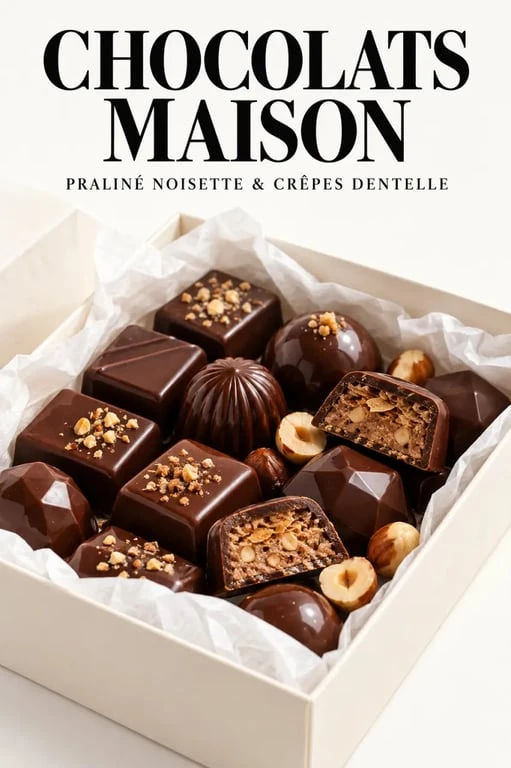 Chocolat fait maison noir fourré au praliné, brillant et présenté dans une boîte