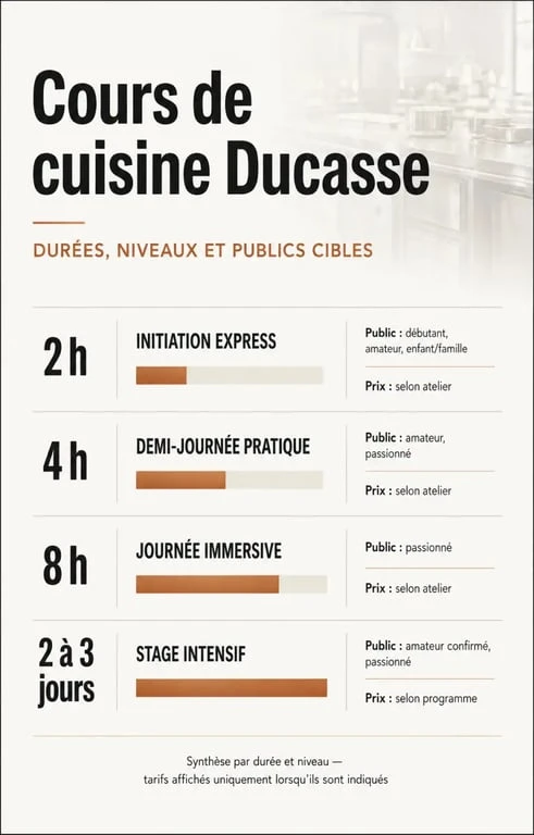 Cours de cuisine ducasse : comparaison visuelle des formats, durées, publics et prix
