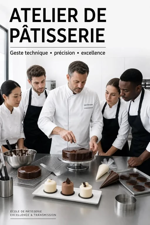 Offrir un cours de pâtisserie avec un grand chef dans un atelier haut de gamme, avec chef et participants en pleine démonstration