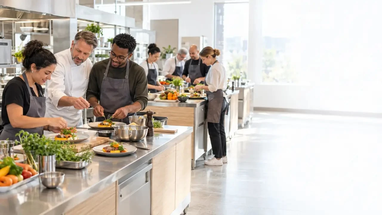 Collaborateurs participant à un atelier cuisine entreprise encadré par un chef