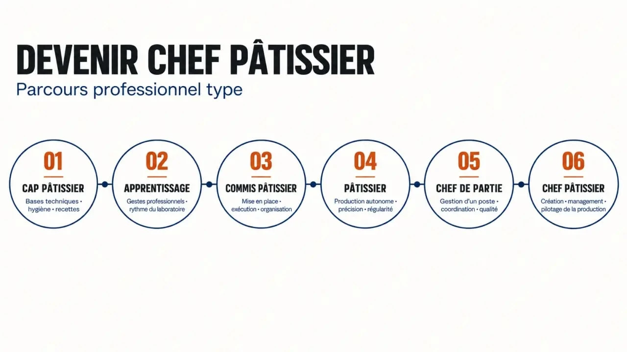 Infographie du parcours pour devenir chef pâtissier, du CAP au poste de responsable de brigade